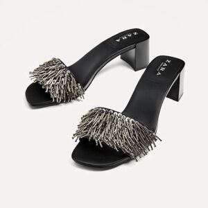 Zara NWOT Black Sandals with Metallic Fringe,Size 38(7.5)